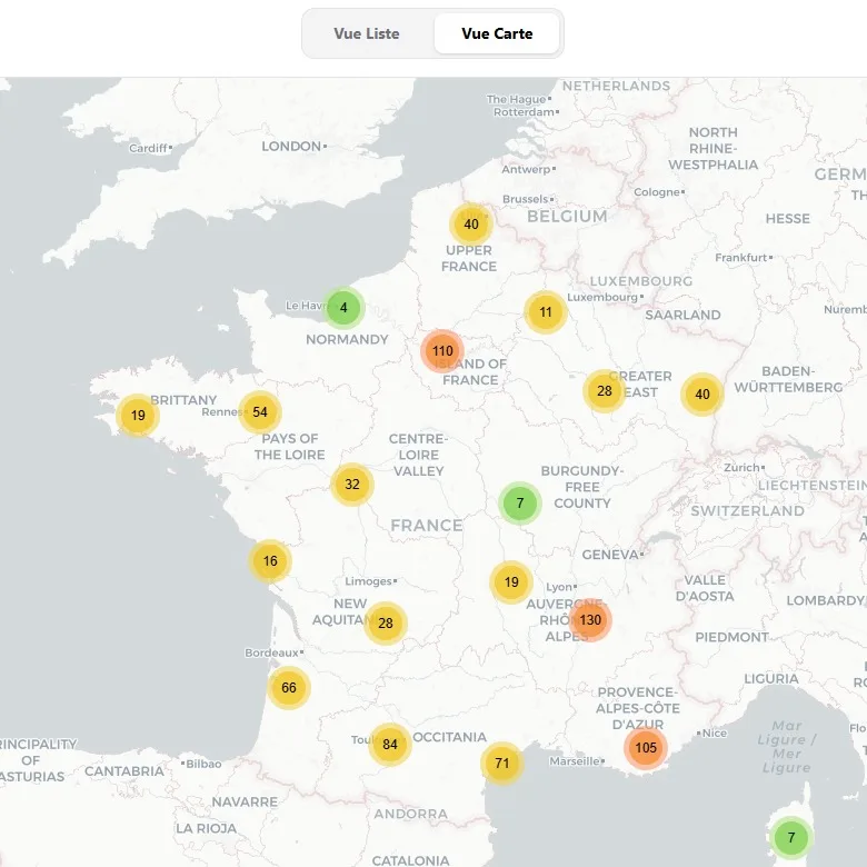 Vue carte interactive — répartition des clubs de padel en France par clusters