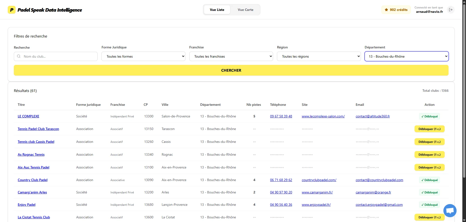 Vue liste — moteur de recherche avec filtres département, franchise et forme juridique